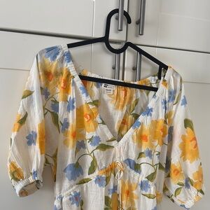 Billabong Smocked Puff Sleeve Dress in Yellow and Blue